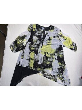 Catherines 2X Asymmetrical Hem Blouse Roll Tab Sleeves Abstract Black/Yellow